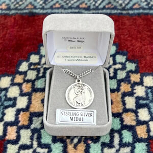 St. Christopher Sterling Silver Religious Round Medal Necklace 24” Curb Chain